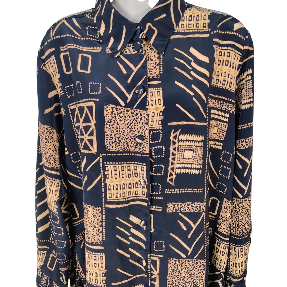 Liz Baker Womens S Button Down Shirt Navy Tan Geometric Animal Print Vintage 90s